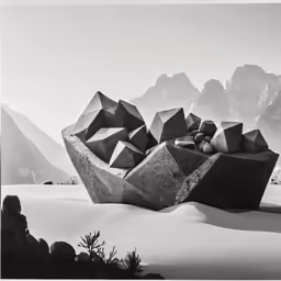 several black and white images showing various abstractly designed sculptures in the snow