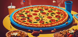 a small pizza with toppings sits on a yellow tray and cups, along with bowls of fruit,a pizza on a blue round serving platter