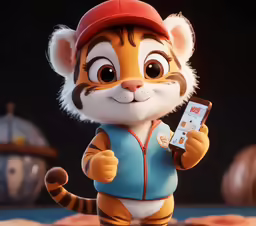 a small doll of a tiger holding onto a cell phone