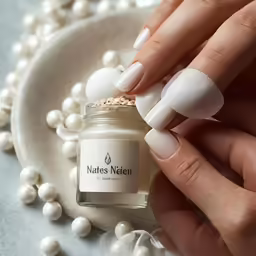 a person with white nails with pearls and a glass