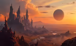 futuristic landscape with distant, crystal mountains and distant planets