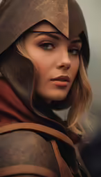 woman in helmet with long blonde hair and brown dress