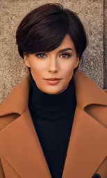 an attractive young woman wearing a camel coat
