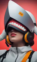 a person wearing earphones has a weird helmet on
