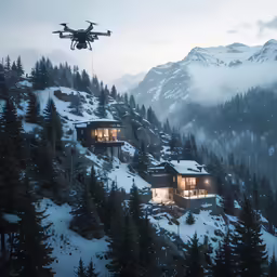 a ski lodge in the fog with a remote control flying over it