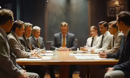 four businessmen in suits sit at a table with one another
