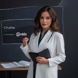 the woman in the suit is standing next to a chalk board