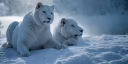 two white animals that are sitting in the snow