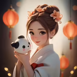 an asian lady with a panda face holding a lamp