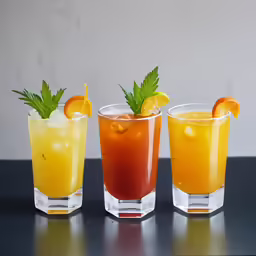 three different glasses of various kinds of drinks