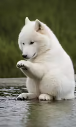 a baby polar bear is on its back legs in water