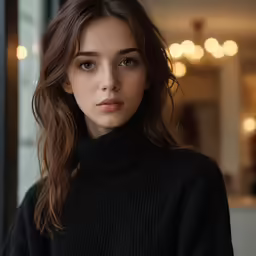 a woman posing for a photo with a black turtle neck sweater