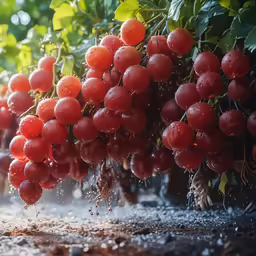 a collection of berries, one of them on the vine and the other of them on the ground
