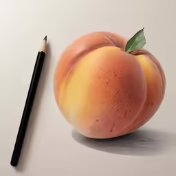 a pencil drawing of a peach with leaves