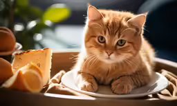 a small cat sitting on a plate on the floor