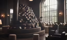 a lobby with several couches and a sculpture in it