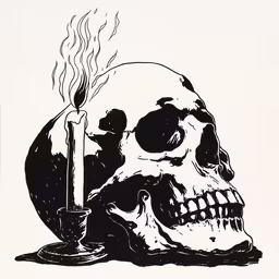 a skeleton holding a lit candle next to it