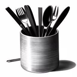 a mug full of silverware that is set inside