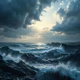 the ocean under a cloudy sky with the sun shining
