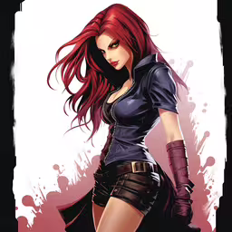 a woman with red hair wearing shorts and boots,a woman with red hair, gloves and black outfit
