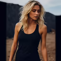 a blonde woman wearing a black shirt looking straight ahead
