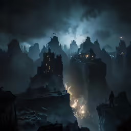 dark town in fog with lots of smoke
