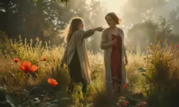 two women walking through a field together