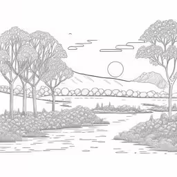 a black and white line art drawing of an outdoor lake,a drawing that looks like a lake and trees