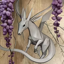 a paper sculpture of a dragon on some purple flowers