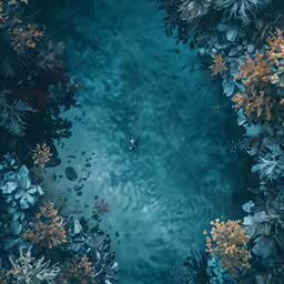 looking down at a underwater scene of trees and plants