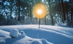 a snow covered path in the woods and the sun is setting