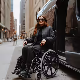 a young woman sitting in a wheelchair in front of a bus