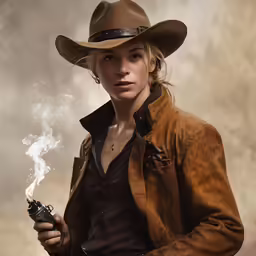 a young woman dressed in leather, smoke and a western hat, posing