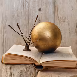 an open book with a golden ball on top