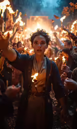 a woman holding a sparkler while surrounded by people