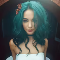 a woman with green hair in white tank top