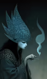 a woman in a blue and black costume holding a cigarette in her hand