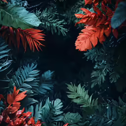 red leaves surrounded by green fern in the background