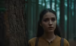 a girl stands next to a tree and stares off into the distance