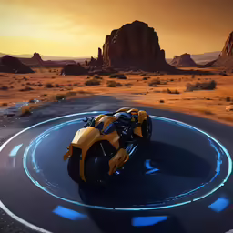 a small yellow motorcycle traveling on a road in the desert