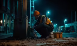 man on the street fixing a lamp post