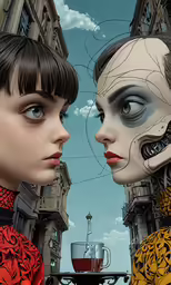 a drawing of two women standing in the middle of a city