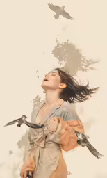 woman holding two birds while flying away from camera