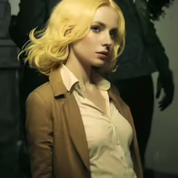 a woman with blond hair, looking sideways