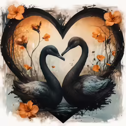 an artistic painting of two geese in a heart