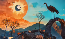 a painting with a bird perched on the branch of a tree