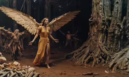 an angel is standing in the woods with her arms out
