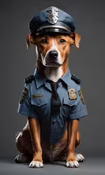 a dog wearing a police officer uniform is sitting,the dog in the police uniform is posing for a photo