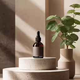 a brown bottle and small pot with green plant