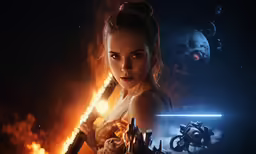 a woman holding a sci - fi fifi on her arm in front of flames and a